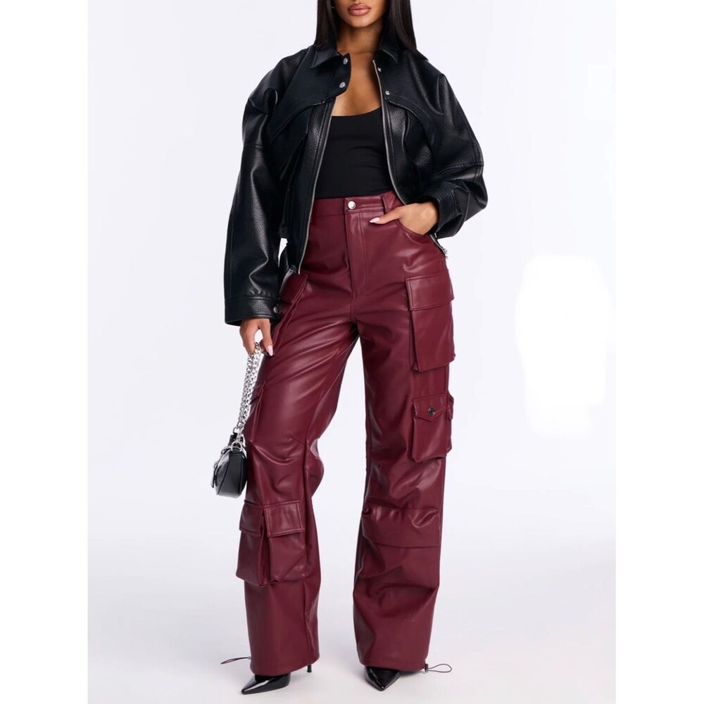 Fashion Nova Burgundy Faux Leather Wide Leg Cargo Pants NEW Size small